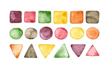 Bir dizi suluboya geometrik figür. El çizimi beyaza izole edilmiş. Renkli elementler anaokulu tasarımı, tebrik kartı, iç mekan posteri ve bebek baskısı için mükemmeldir.