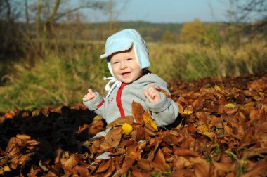 Açık havada doğal park arka plan sarı sonbahar ile oynarken mutlu küçük çocuk yapraklar