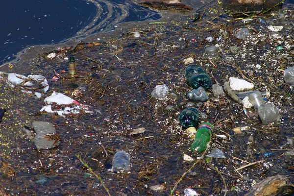 Plastik şişe ve birçok çöp ile kirli nehir — Stok fotoğraf