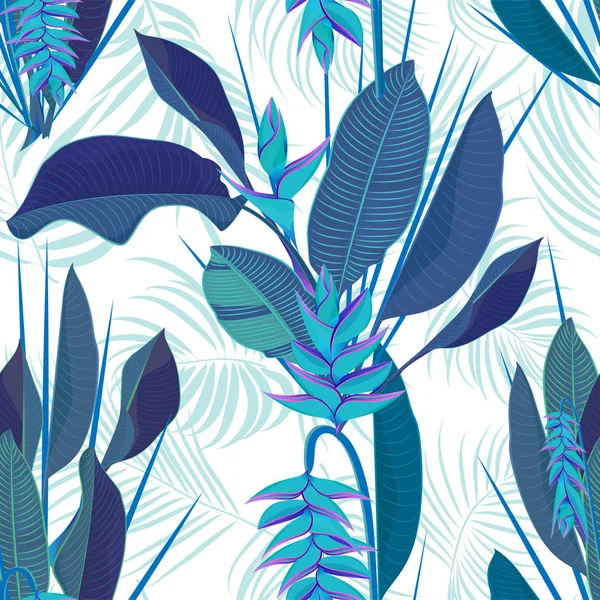 Heliconia 나뭇잎 원활한 현실적인 파란색 스타일에서 그리기 수채화입니다 배경에 일러스트 — 스톡 벡터