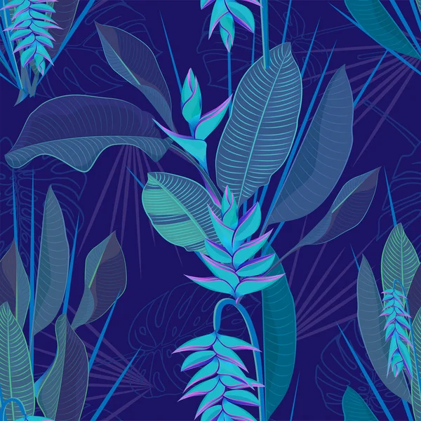 Heliconia 나뭇잎 원활한 현실적인 파란색 스타일에서 그리기 수채화입니다 배경에 일러스트 — 스톡 벡터