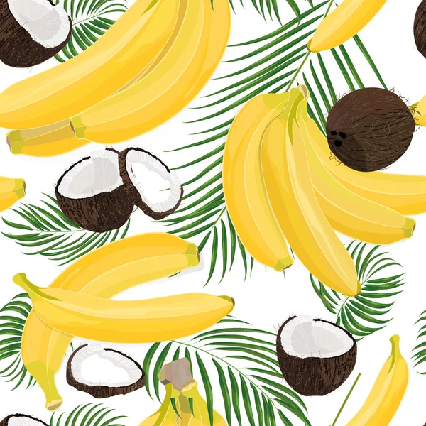 Μπανάνα Καρύδα Σύνολο Και Κομμάτια Φύλλα Φοίνικα Που Απομονώνονται Λευκό — Διανυσματικό Αρχείο