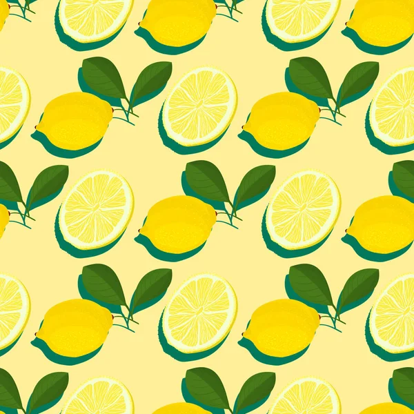 トレンディな最小限の夏 全体でシームレスなパターンは 背景色にレモン新鮮なフルーツをスライスしました ベクトル イラスト — ストックベクタ