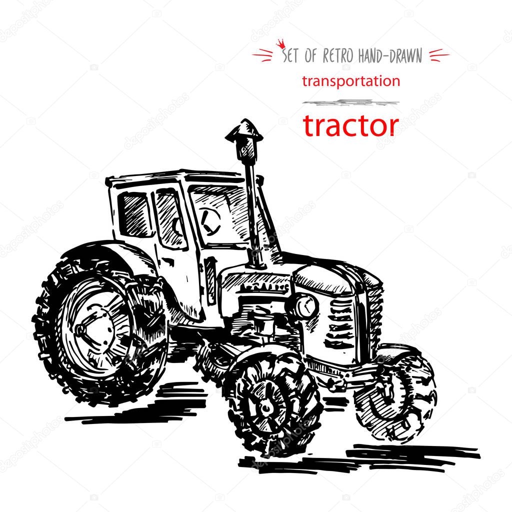 Hand-drawn vintage transport tractor. Quick ink sketch. Vector black illustration