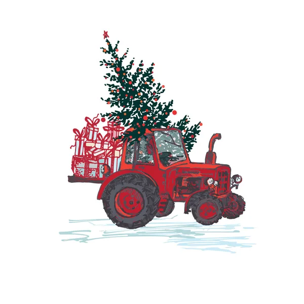 Tarjeta Festiva Año Nuevo 2019 Tractor Rojo Con Abeto Decorado — Archivo Imágenes Vectoriales