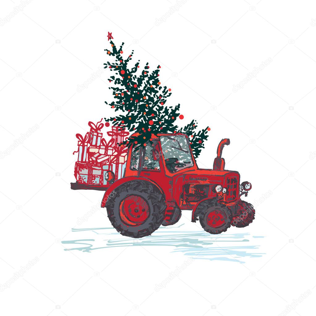 Festive New Year 2019 card. Red tractor with fir tree decorated red balls and holiday gifts isolated on white background. Vector illustrations
