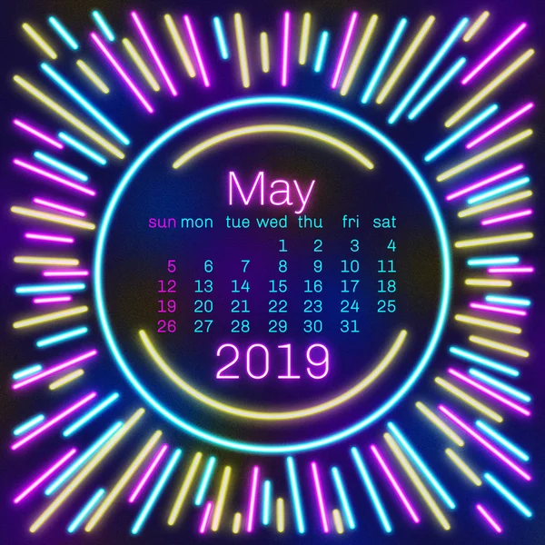 2019 Mai Page Calendrier Effet Néon Affiche Style Pour Conception — Photo