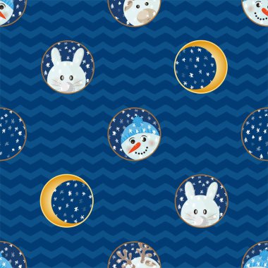 Hayvan karikatür düz etiketleri yazdırma kış yeni yıl tema, 2019 takvim, Noel etiket simgesi, parti eğlence için büyük tasarım ile Seamless modeli kartı, xmas tatil afiş vektör çizim