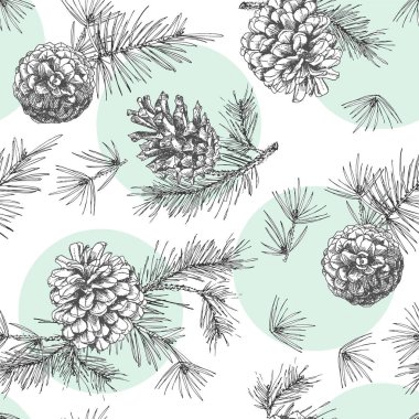 Gerçekçi botanik mürekkep kroki köknar ağacı şube ile çam kozalağı beyaz arka plan üzerinde. Seamless modeli. Şablonları davetiye, tebrik kartları için iyi fikir. Vektör çizimler