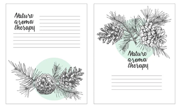 Set Modèle Carte Avec Motif Réaliste Croquis Encre Botanique Branches — Image vectorielle