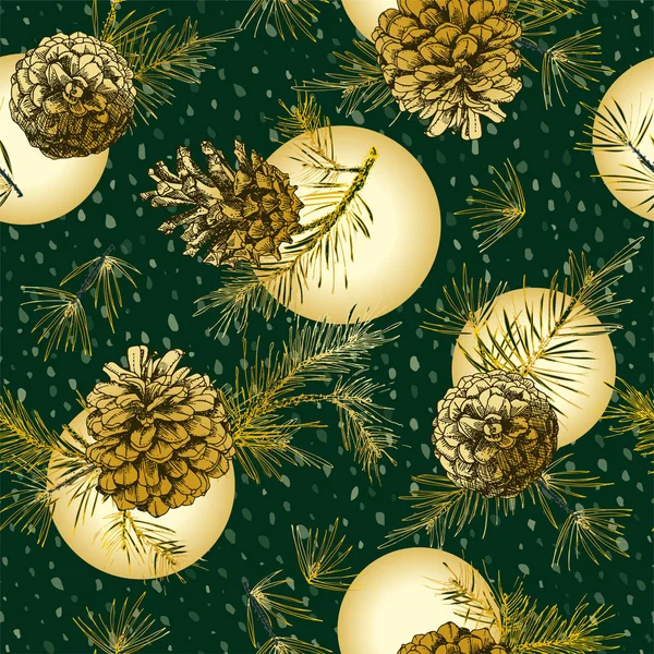 雪背景に円錐形の松とモミの木の枝の黄金の現実的な植物性インクでクリスマスのシームレスなパターンをスケッチします テンプレート招待状 グリーティング カードをお勧めします ベクトル イラスト — ストックベクタ