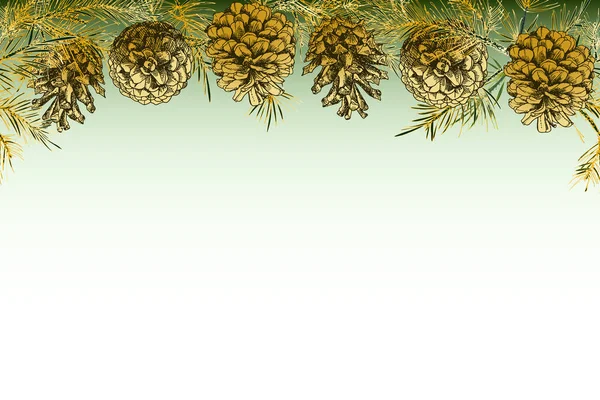 Festivev 背景模板与无缝图案花环边框逼真的植物墨水素描的杉木分支与松果的黄金颜色和地方为您的文本 矢量插图 — 图库矢量图片