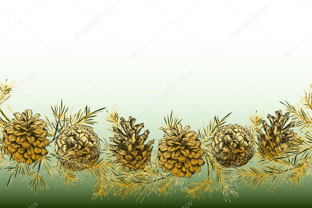 Festivev background template with seamless pattern garland border realistic botanical ink sketch of fir branches with pinecone in gold color and places for your text . Vector illustrations