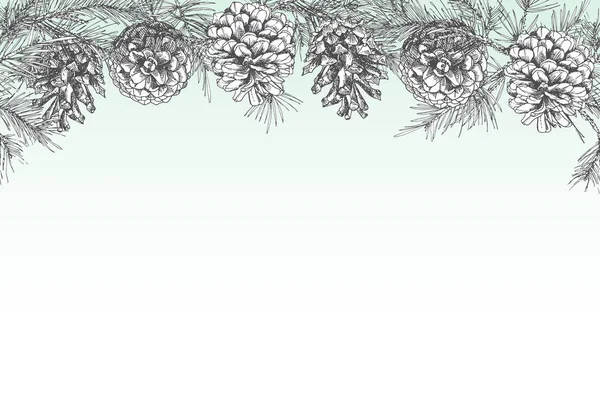 黒と白の色とテキストの場所で松ぼっくりとモミの枝のシームレス パターン ガーランド境界線現実的な植物性インク スケッチ Festivev 背景テンプレート ベクトル イラスト — ストックベクタ