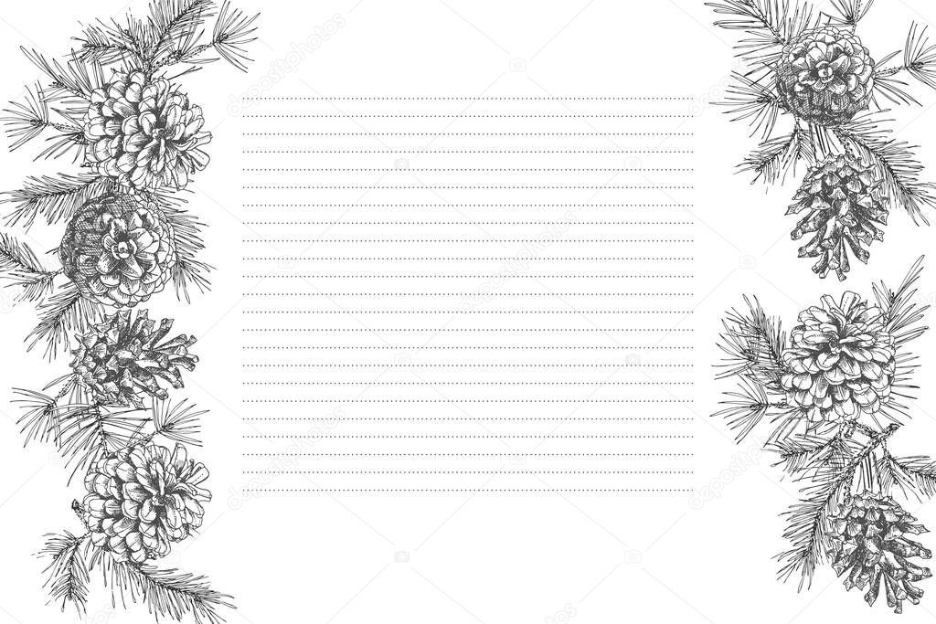 Festivev background template with seamless pattern garland border realistic botanical ink sketch of fir branches with pinecone in black and white colors and places for your text . Vector illustrations