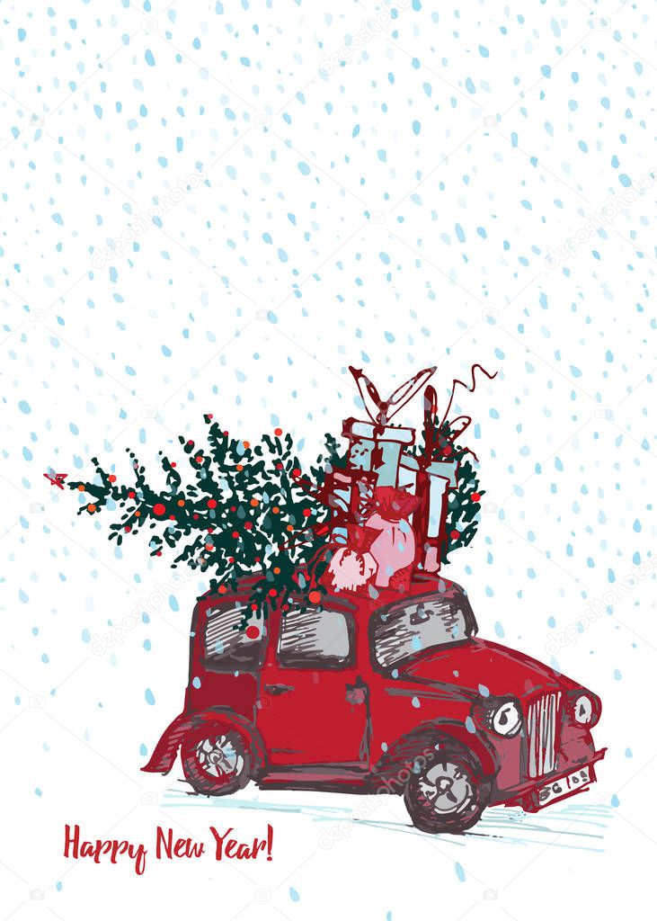 Festive New Year 2019 card. Red car with fir tree decorated red balls on white snow background. Vector illustrations