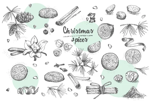 手描きクリスマス冬スパイス パターンのセットです 伝統的デザート ホットホット ワイン 自家製クッキーの使用 テンプレートのメニュー レシピ グリーティング カードをお勧めします — ストックベクタ