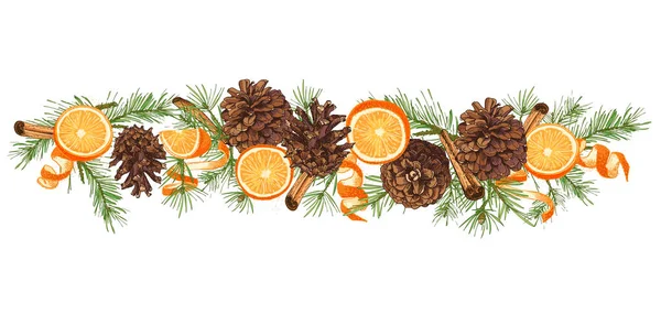 Realistiska Botaniska Bläck Skiss Färgglada Fir Tree Garland Med Kotte — Stock vektor