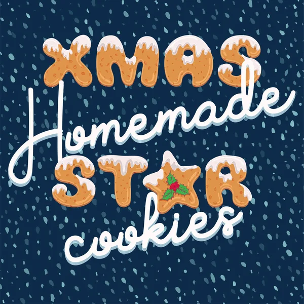 Typography christmas greeting card in cartoon style with text form of homemade cookies. Xmas doodle letters for banner, invitation, poster, label, postcard. Vector illustration