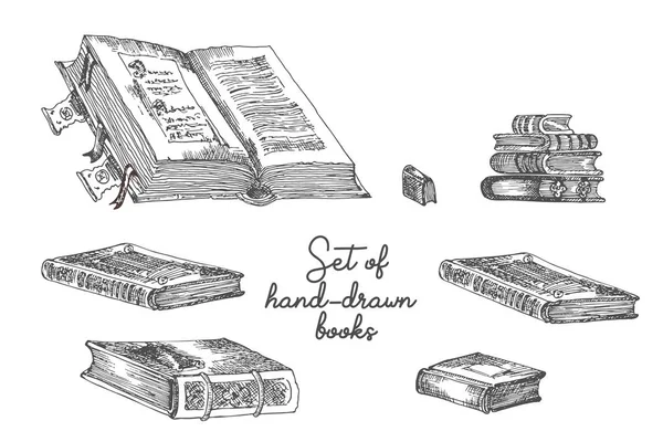Set Hand Drawing Sketch Books Concept Vintage Design Fair Festival — Stock Vector