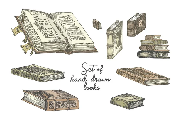 Conjunto Livros Esboço Desenho Mão Para Conceito Vintage Design Justo —  Vetores de Stock