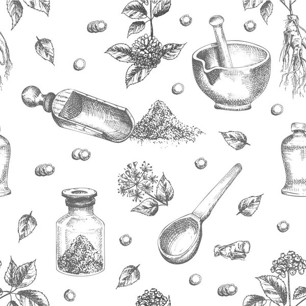 Бесшовный рисунок реалистичные ботанические чернила эскиз женьшеня корень, цветы, ягоды, бутылка, раствор и пестик изолированы на белом фоне, лекарственное растение. Винтажная деревенская векторная иллюстрация
.