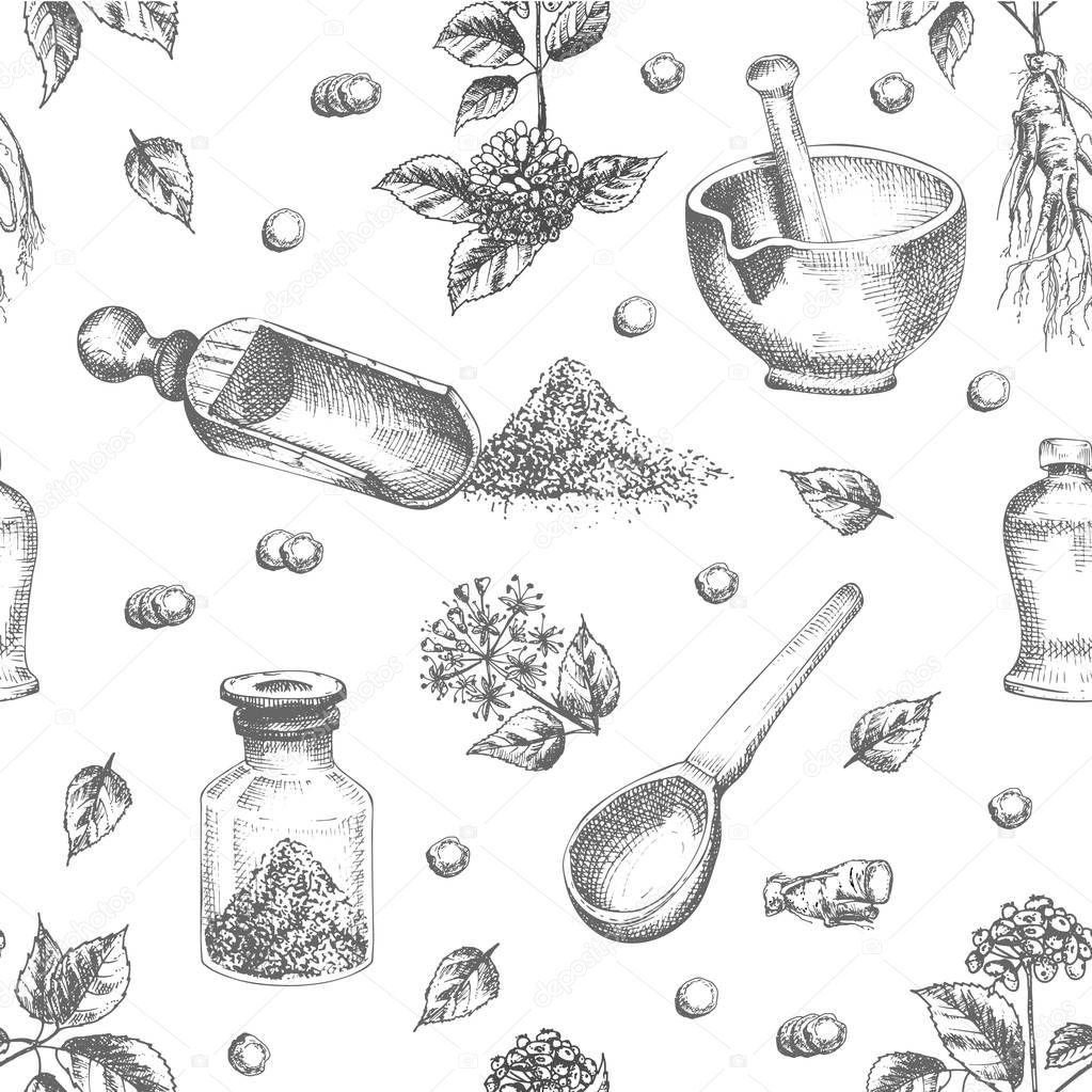 Seamless pattern realistic botanical ink sketch of ginseng root, flowers, berries, bottle, mortar and pestle isolated on white background, Medicine plant. Vintage rustic vector illustration.