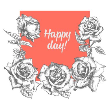 Çizilmiş tebrik kartı kroki güllü el, yaprakları ve detaylı vintage botanik illuatration şubeleri. Çerçeve çiçek. Siyah siluet stil oyma içinde vektör yaratıcı grafik sanatı