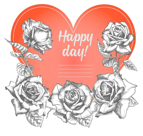 Esquisse Fleurs Roses Dans Style Gravure Coeur Rouge Sur Blanc — Image vectorielle