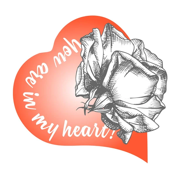 Ескіз Квітки Троянди Стилі Гравюри Червоне Серце Білому Вінтажні Векторні — стоковий вектор