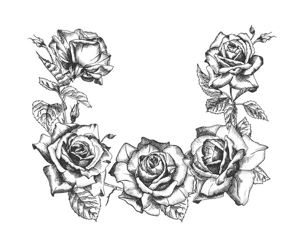 Marco Floral Dibujo Dibujado Mano Rosas Hojas Ramas Iluatración Botánica — Vector de stock