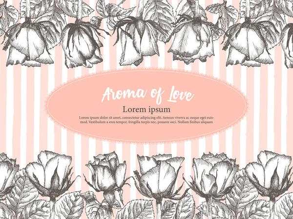 Schattig Valentijnsdag Label Kaart Met Rose Bloem Schets Gravure Stijl — Stockvector