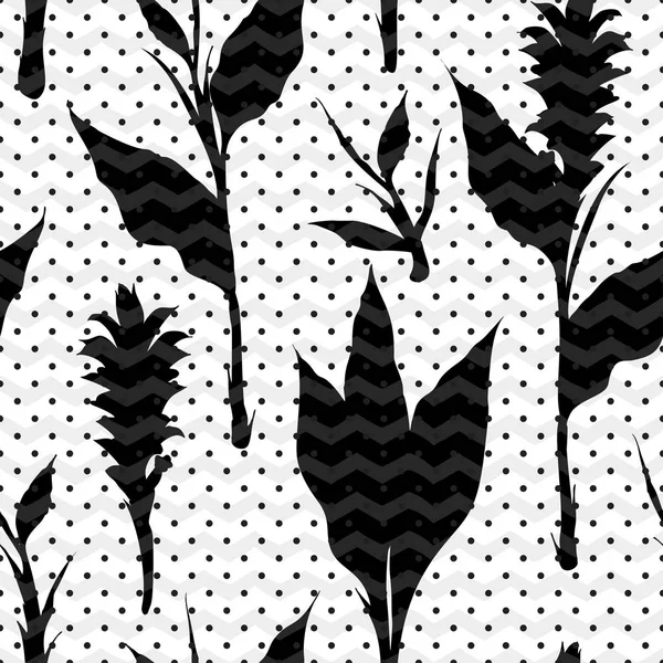 Patrón retro sin costuras con hojas tropicales negras y flores silueta sombra sobre fondo blanco Tela vintage textil moda verano impresión diseño — Archivo Imágenes Vectoriales