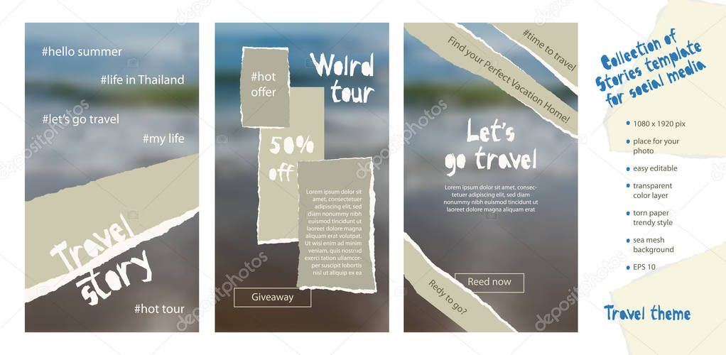 Trendy easy editable template for social media stories in torn paper style. Travel theme Creative design background for individual and corporate web promotion, blogs