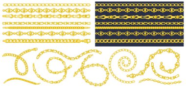 Retro çizilmiş kroki altın Zincirli koyu arka plan üzerinde fırça desenleri kümesi. Çizim oyma doku. Moda, kumaş, dekoratif çerçeve, yat stil kartı için büyük tasarım.