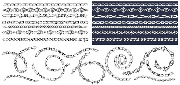 Set van penseelpatronen met retro handgetekende schets ketting op donkere achtergrond. Het patroon van de gravure van tekening. Geweldig design voor mode, textiel, Decoratief frame, jacht stijl kaart. — Stockvector