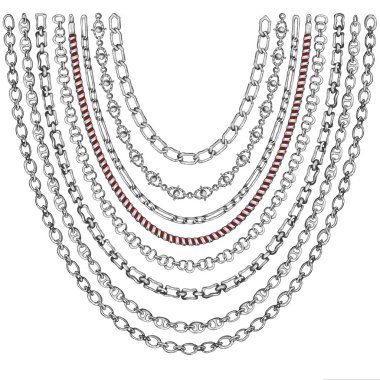 Beyaz arka plan üzerinde retro elle çizilmiş çizim silverchain ile fırça desenleri kümesi. Gravür dokusu çizim. Moda, tekstil, dekoratif çerçeve, yat tarzı kart için harika tasarım.