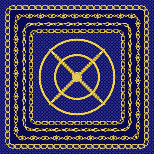 Modèle de bordure avec croquis rétro à la main chaîne dorée sur fond bleu foncé. Écharpe ou bandana pour dessin en bandana . — Image vectorielle