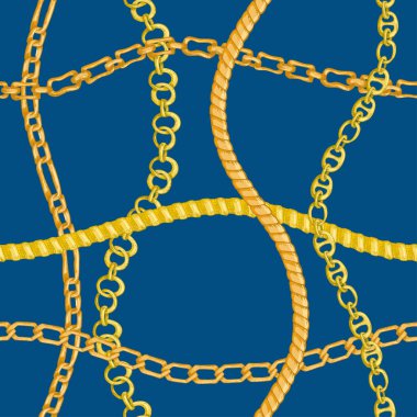 Mavi arka plan üzerinde retro elle çizilmiş çizim altın zincir ile dikişsiz desen. Gravür dokusu çizim. Moda, tekstil, dekoratif çerçeve, yat tarzı kart için harika tasarım