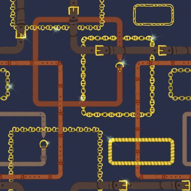 Kumaş moda tasarımı için koyu mavi arka plan Kare lüks süs, web afiş üzerinde gerçekçi el çizilmiş altın zincirler ve kahverengi deri kemer Doodle kroki ile dikişsiz desen