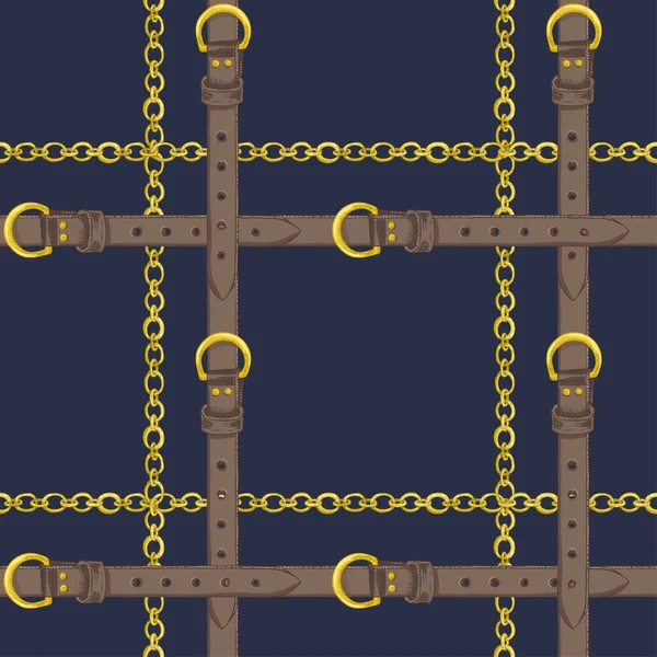 Απρόσκοπτη μοτίβο με ρεαλιστική Χειροποίητη χρυσές αλυσίδες και καφέ δερμάτινη ζώνη σκίτσο σε σκούρο μπλε φόντο τετράγωνο πολυτελές στολίδι για το σχεδιασμό μόδας ύφασμα, web banner — Διανυσματικό Αρχείο