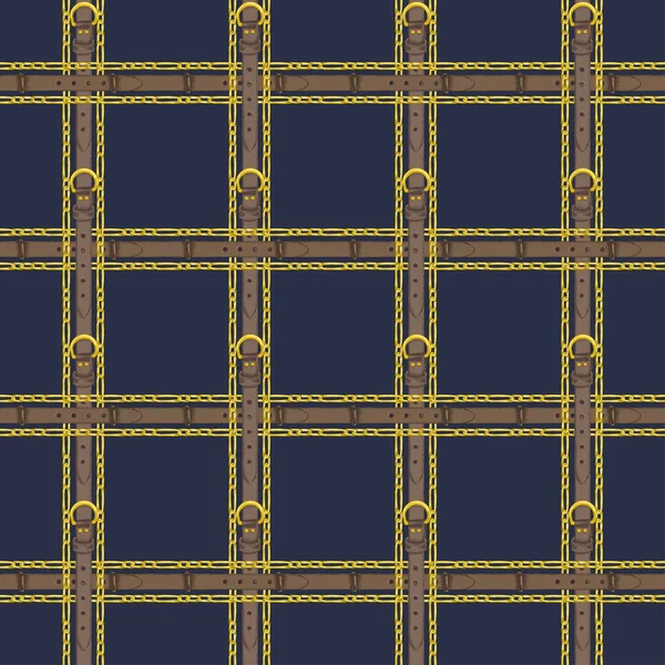 Бесшовный узор с реалистичным ручным рисунком золотых цепей и коричневого кожаного пояса каракули эскиз на темно-синем фоне — стоковый вектор