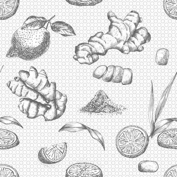 ジンジャールーツ、レモン、生活や花の描かれたシームレスなパターンの手は、黒い色の白い背景に。レトロなヴィンテージグラフィックデザイン植物スケッチ図面、彫刻スタイル. — ストックベクタ