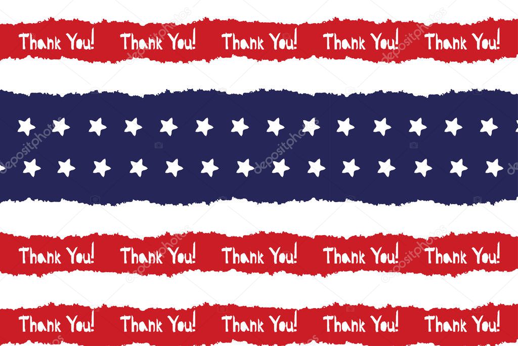 Festive Thank you poster in national colors USA red white blue. Strips and stars, fireworks Great idea for decorating the holiday on July 4th, Independence memory Days, barbecue party
