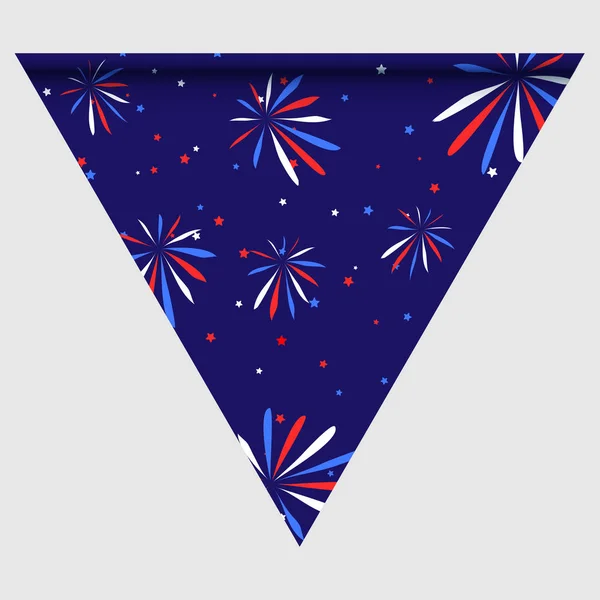 С праздником, триангулярный флаг для плоских празднеств с красными, синими и белыми звездами, полосками, чешуйками, шевронами. эффективный фон . — стоковый вектор