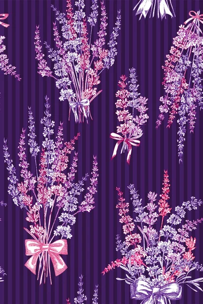 ピンクの背景に隔離されたかわいいラベンダーの花の花束の手描きのスケッチとセムレスパターン。ロマンチックな新鮮なデザインコンセプトのためのフランスのプロヴァンスレトロなスタイル. — ストックベクタ