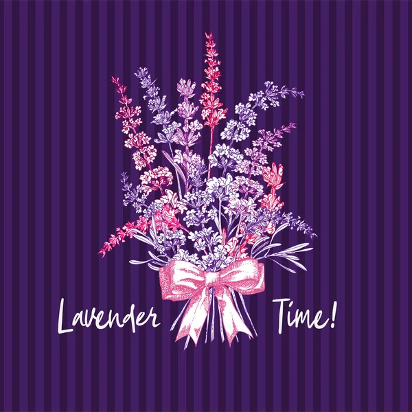 Boeket van hand getekende kleur schets van lavendel bloem en schattige bogen geïsoleerd op Violet achtergrond. Frankrijk Provence retro patroon voor romantisch vers design concept. Natural lavendel — Stockvector