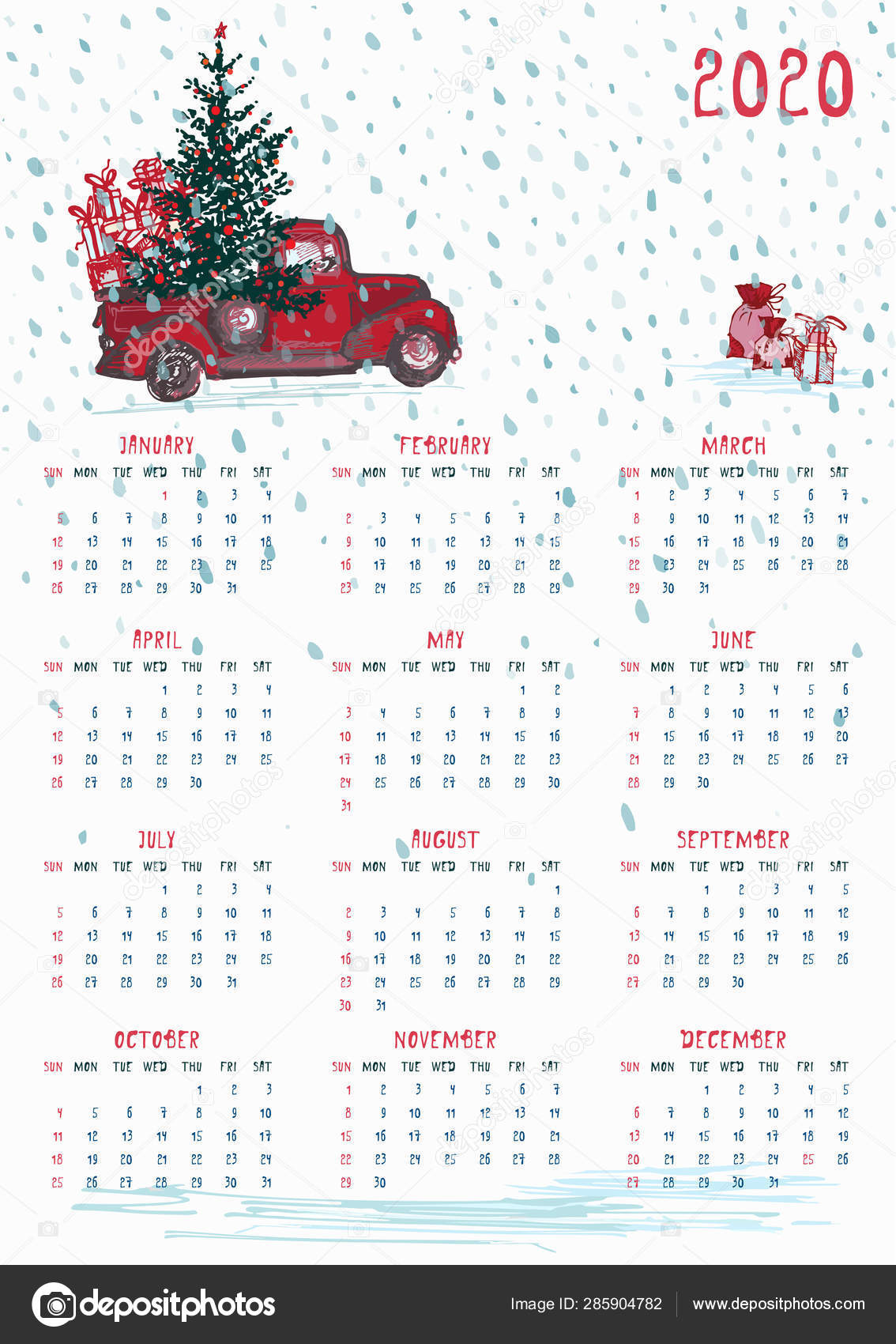 2020 Calendar planner whith red christmas truck, new year tree and