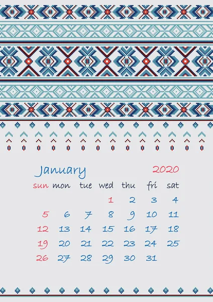 2020 Página del planificador del calendario con adornos étnicos de punto de cruz La semana comienza el domingo mes de enero Colección de adornos Balto-eslavos — Vector de stock