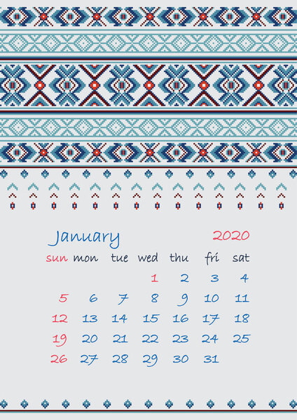 2020 Page of Calendar planner with ethnic cross-stitch ornament Week starts on Sunday January month Collection of Balto-Slavic ornaments